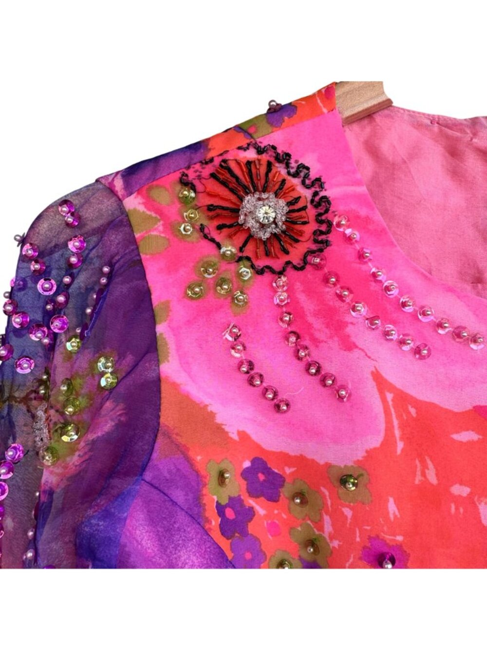 Miss Elliette California Hand-Beaded Floral Crop Blouse Sheer Sleeves Vtg 60s - Picture 7 of 16
